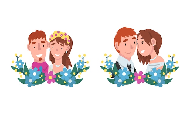 Hombre y mujer pareja de recién casados y cónyuge con conjunto vectorial de composición floral semicircular