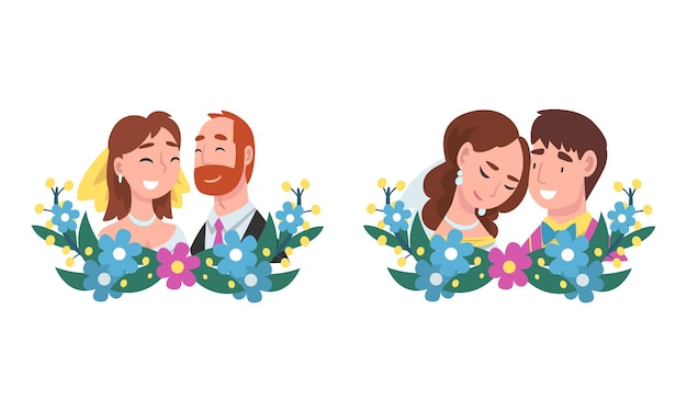 Hombre y mujer pareja de recién casados y cónyuge con conjunto vectorial de composición floral semicircular