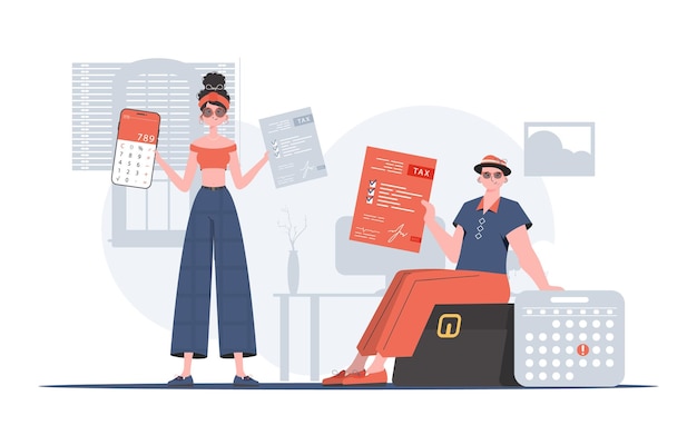 Un hombre y una mujer participan en el cálculo de impuestos Elemento de impuestos para la presentación Ilustración vectorial