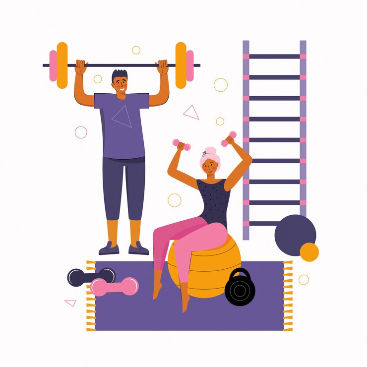 Vector un hombre y una mujer pasan tiempo juntos en casa y se dedican al ejercicio y al deporte. estilo de vida saludable. ejercicios deportivos con pesas. quedarse en casa juntos.