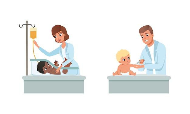 Hombre y mujer pediatra o médico que realiza el chequeo y el examen del bebé