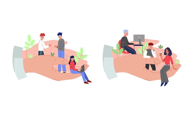 Hombre y mujer pequeños empleados de oficina trabajando en un conjunto vectorial de manos gigantes