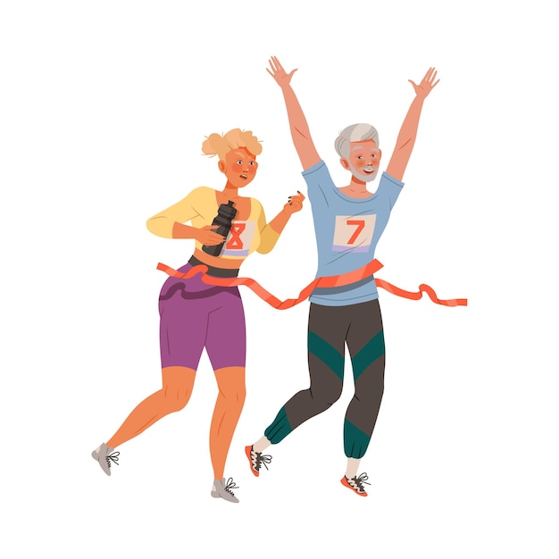 Hombre y mujer Personaje Correr maratón Hacer deporte y ejercicio físico Entrenamiento Ilustración del vector corporal y muscular