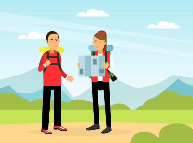 Hombre y mujer personaje turístico con mochila caminando con mapa buscando ilustración vectorial de ruta