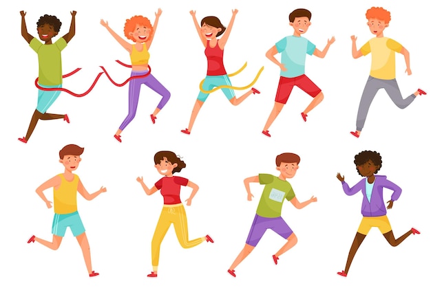 Hombre y mujer personajes corriendo y cruzando la línea de meta conjunto de ilustraciones vectoriales