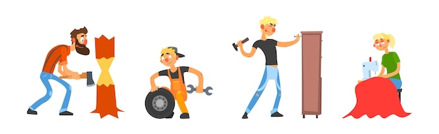 Hombre y mujer personajes divertidos involucrados en diferentes ocupaciones vector conjunto hombre y mujer trabajo tienen profesión