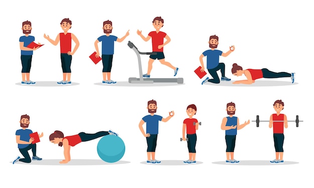 Hombre y mujer personajes en el gimnasio con entrenador personal Ilustraciones vectoriales Hombre y mujer jóvenes corriendo y sosteniendo barras Colección conceptual