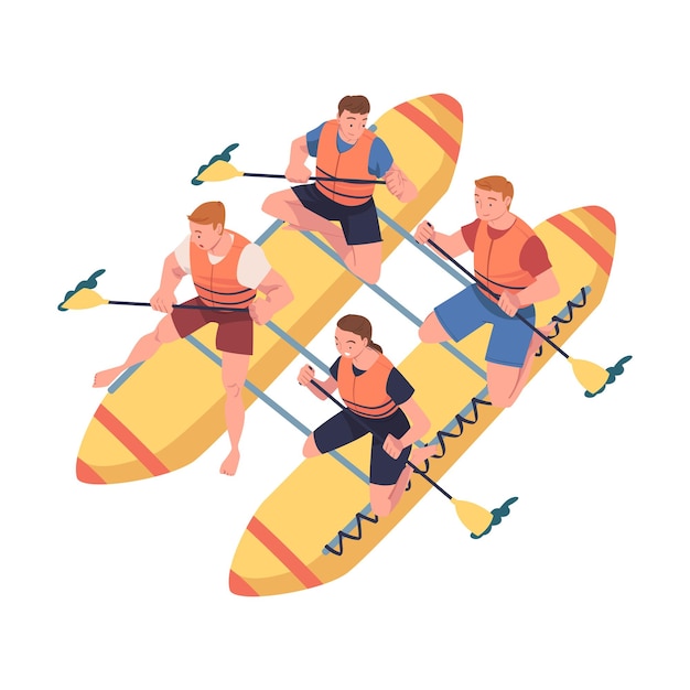 Hombre y mujer personajes de rafting en balsa inflable remo con paleta involucrado en el deporte acuático Ilustración vectorial