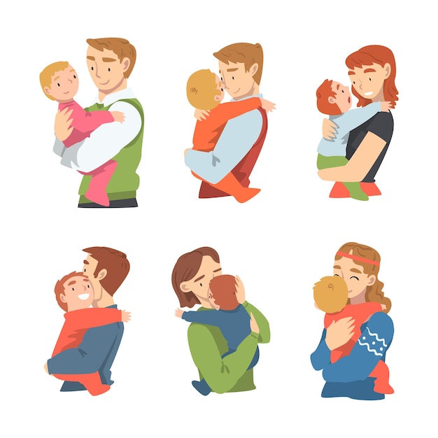 Hombre y mujer personajes sosteniendo al bebé con los brazos amamantándolo conjunto vectorial