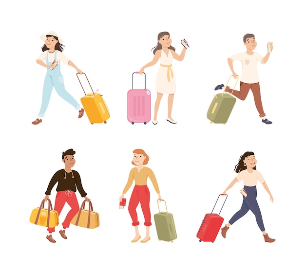 Hombre y mujer personajes turísticos con maleta y equipaje que van de viaje Conjunto vectorial