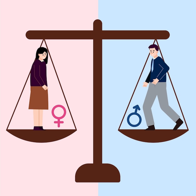 Hombre y mujer de pie en la balanza Vector del concepto de igualdad de género