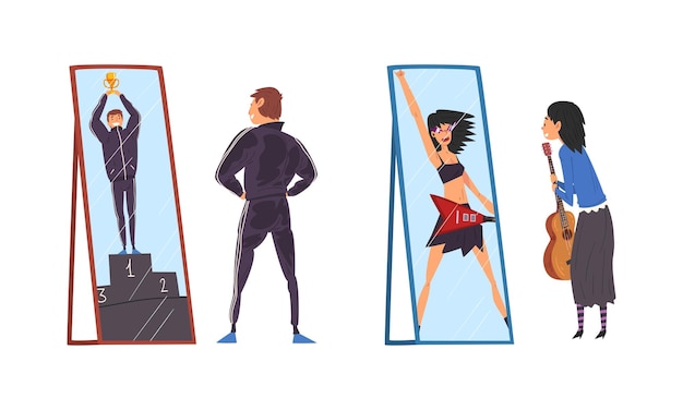 Hombre y mujer de pie frente al espejo mirando su reflejo e imaginándose a sí mismos como un conjunto vectorial exitoso y atractivo