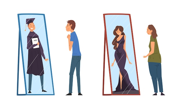 Hombre y mujer de pie frente al espejo mirando su reflejo e imaginándose a sí mismos como un conjunto vectorial exitoso y atractivo