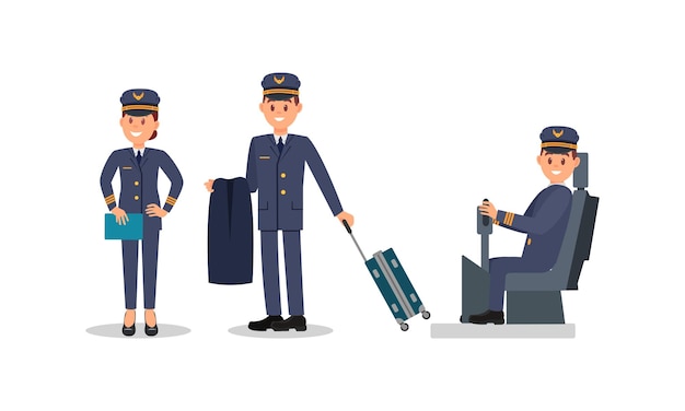 Hombre y mujer pilotos de aviones con uniforme azul profesional sentados en el bastón de control y tirando del conjunto de ilustraciones vectoriales de equipaje