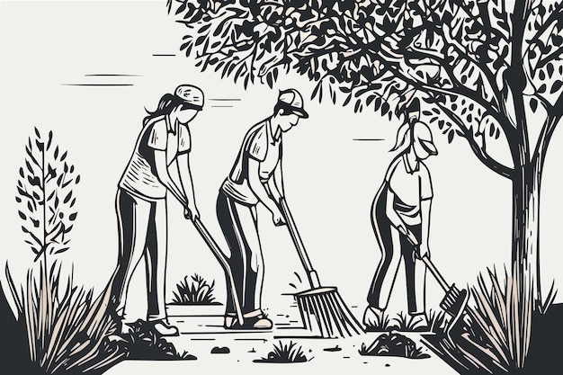 Hombre y mujer plantando árbol vector ilustración lineal bosquejo naturaleza