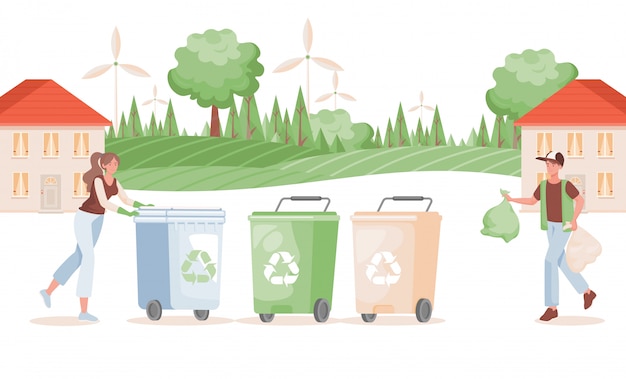 Hombre y mujer poniendo basura en la ilustración de contenedores. Concepto de clasificación y reciclaje de residuos.