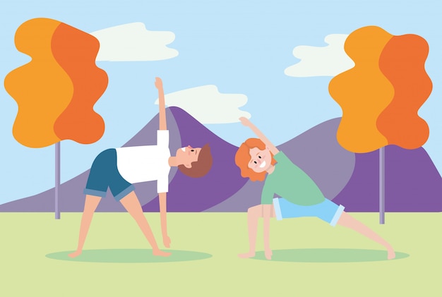 Hombre y mujer practican yoga plantean
