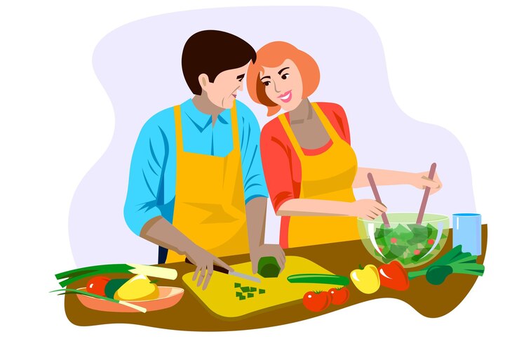 Vector hombre y mujer preparando comida
