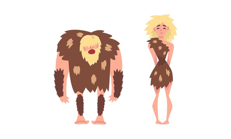 Vector hombre y mujer primitivos de la edad de piedra con piel de animal.