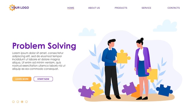 El hombre y la mujer que conectan las piezas del rompecabezas se ayudan mutuamente a colaborar juntos para encontrar una solución Metáfora empresarial del trabajo en equipo hacer tarea Concepto abstracto de resolución de problemas Ilustración de vector plano