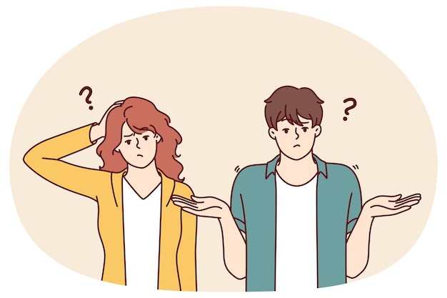 El hombre y la mujer que dudan se encogen de hombros y tocan la cabeza, signo de ausencia de solución al problema