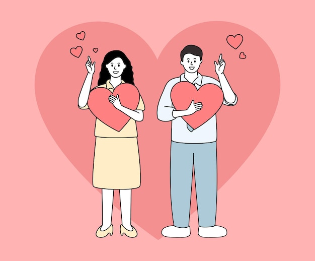 Un hombre y una mujer que sostienen un conjunto de ilustración de corazón aman un lindo evento de vacaciones dibujo vectorial