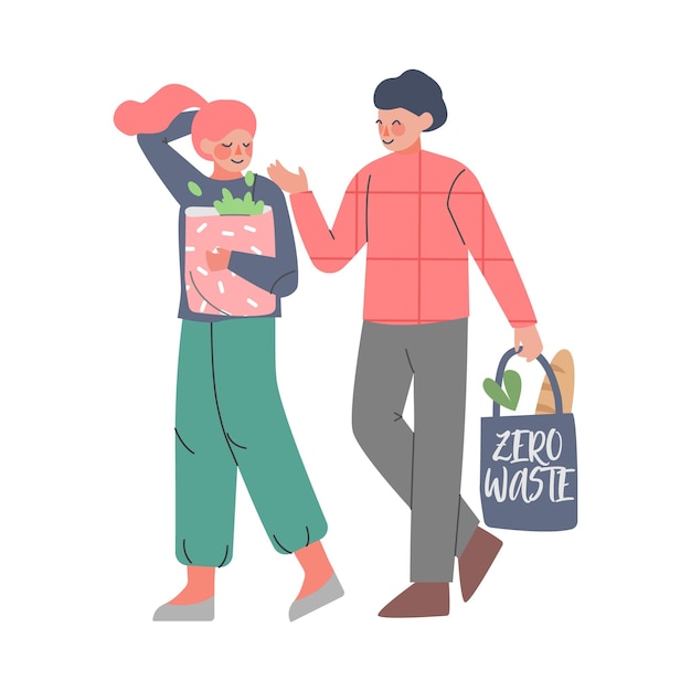 Hombre y mujer que usan bolsas ecológicas para comprar La gente se preocupa por el medio ambiente y la ecología Ilustración vectorial de estilo dibujos animados