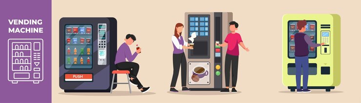 Vector hombre y mujer que usan una máquina expendedora para comprar refrescos y café concepto de juego de máquinas expendedoras ilustración de vector gráfico plano coloreado aislado
