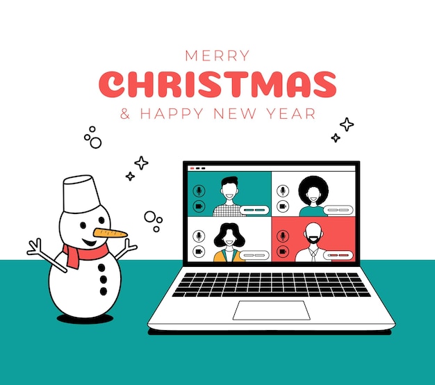 Vector un hombre y una mujer se reúnen en línea a través de una videoconferencia en una computadora portátil para una discusión virtual sobre las vacaciones de navidad, año nuevo, personas que se reúnen en línea a través de una ilustración vectorial de videollamadas