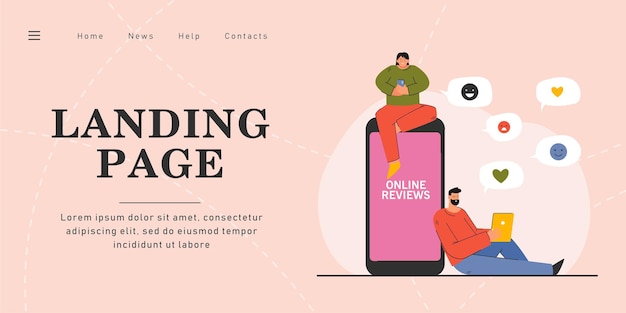 Hombre y mujer revisando reseñas en línea. Ilustración de vector plano. Caricaturas de personas diminutas compartiendo y recibiendo reseñas en las redes sociales de Internet cerca de un smartphone gigante. Medios de comunicación social, concepto de Internet