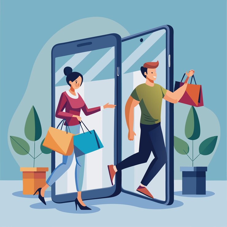 Vector un hombre y una mujer salen de un teléfono inteligente con bolsas de compras en sus manos que representan compras en línea