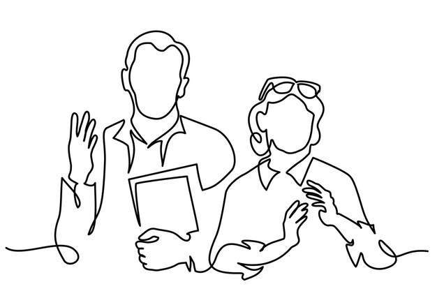 Hombre y mujer saludando con las manos en alto continua una línea dibujando ilustración vectorial personas de pie en