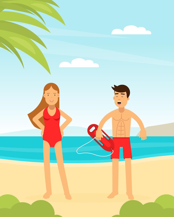 Vector hombre y mujer salvavidas o rescatistas supervisando la seguridad y rescatando a nadadores y surfistas ilustración vectorial