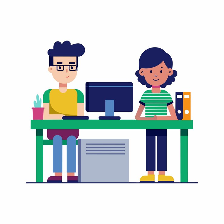 Vector un hombre y una mujer sentados en un escritorio con una computadora