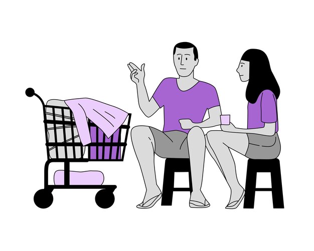 Hombre y mujer sentados en sillas y carrito de compras Ilustración vectorial