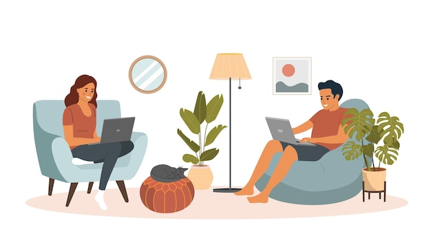 hombre y mujer sentados en el sofá y una silla con ordenadores portátiles. ilustración vectorial