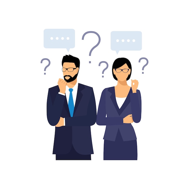 Hombre y mujer con signos de interrogación Hombre con pregunta Vector personaje masculino resolviendo problema Dilema