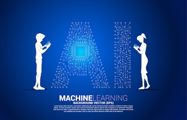 El hombre y la mujer de la silueta del vector utilizan el punto del teléfono móvil conectan la línea en forma de AI y el centro de la CPU. Concepto de aprendizaje automático e inteligencia artificial.