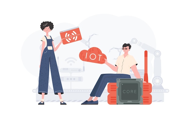 Un hombre y una mujer son un equipo en el campo de Internet de las cosas Internet de las cosas y el concepto de automatización Bueno para presentaciones y sitios web Ilustración vectorial