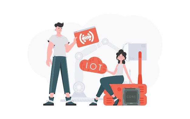 Un hombre y una mujer son un equipo en el campo de Internet de las cosas Internet de las cosas y concepto de automatización Bueno para sitios web y presentaciones Estilo plano de moda Vector