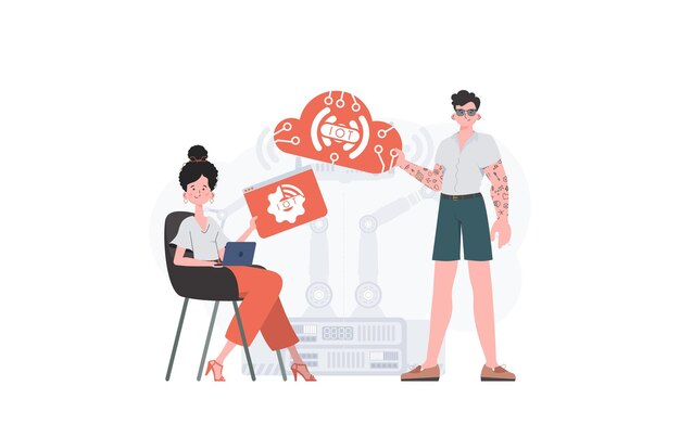 Un hombre y una mujer son un equipo en el campo de Internet de las cosas IOT y concepto de automatización Bueno para presentaciones y sitios web Ilustración vectorial en estilo plano
