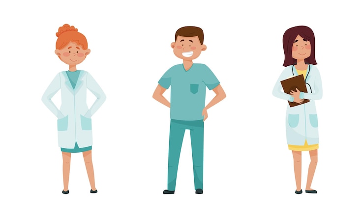 Vector hombre y mujer sonrientes médico con estetoscopio con uniforme médico conjunto vectorial
