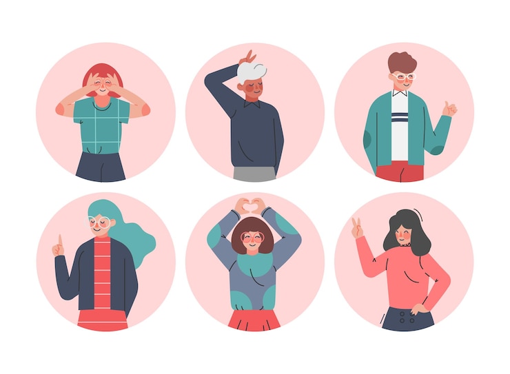Vector hombre y mujer sonrientes mostrando un gesto positivo de la mano en un conjunto vectorial de marco circular