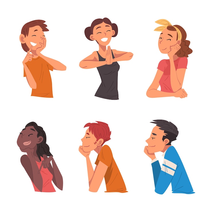 Vector hombre y mujer sonrientes personaje mirando a alguien demostrando atención conjunto vectorial