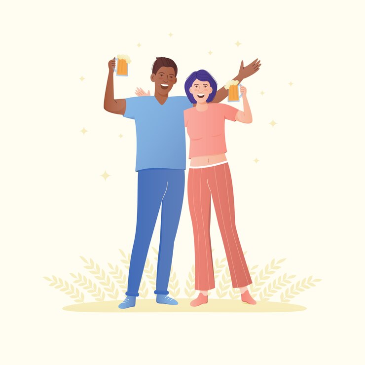 Vector hombre y mujer sosteniendo la jarra de cerveza, celebrando el día internacional de la cerveza. ilustración de personaje plano