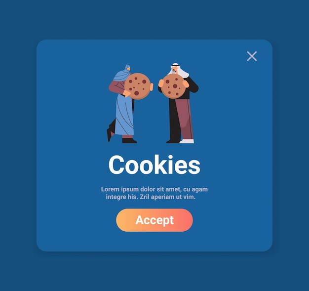 Vector hombre mujer sosteniendo la protección de cookies de la ventana emergente web de internet de información personal usamos notificación de política de cookies