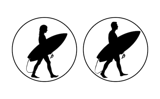 Vector hombre y mujer sosteniendo sus tablas de surf en un vector circular