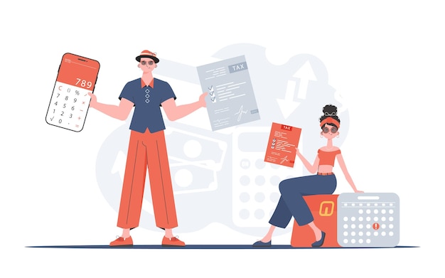 Un hombre y una mujer sostienen una calculadora y un documento fiscal en sus manos Elemento de impuestos para presentaciones Ilustración vectorial