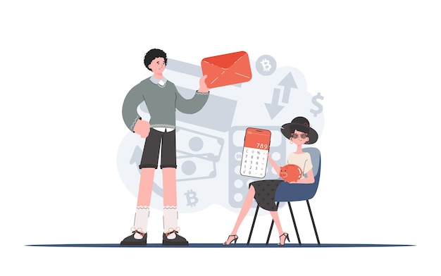 Un hombre y una mujer sostienen una calculadora y un sobre en sus manos Elemento de contribución en efectivo para la presentación Ilustración vectorial