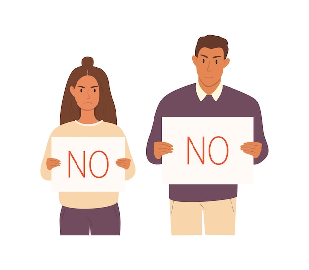Un hombre y una mujer sostienen un cartel con la inscripción no, expresando desacuerdo, rechazo.